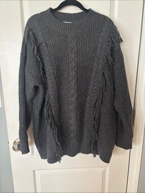 Wonderly Charcoal Fringe Cable Knit Crew Sweater
